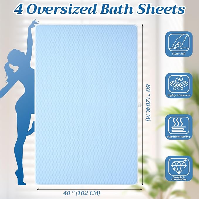 Peryiter 4 Pcs Oversized Bath Towels 40 x 80 Inch Extra Large Bath Sheets for Adults Microfiber Coral Velvet Highly Absorbent Bathroom Towels for Adults Home Beach (Beige,Light Blue,Hazy Blue,Blues)