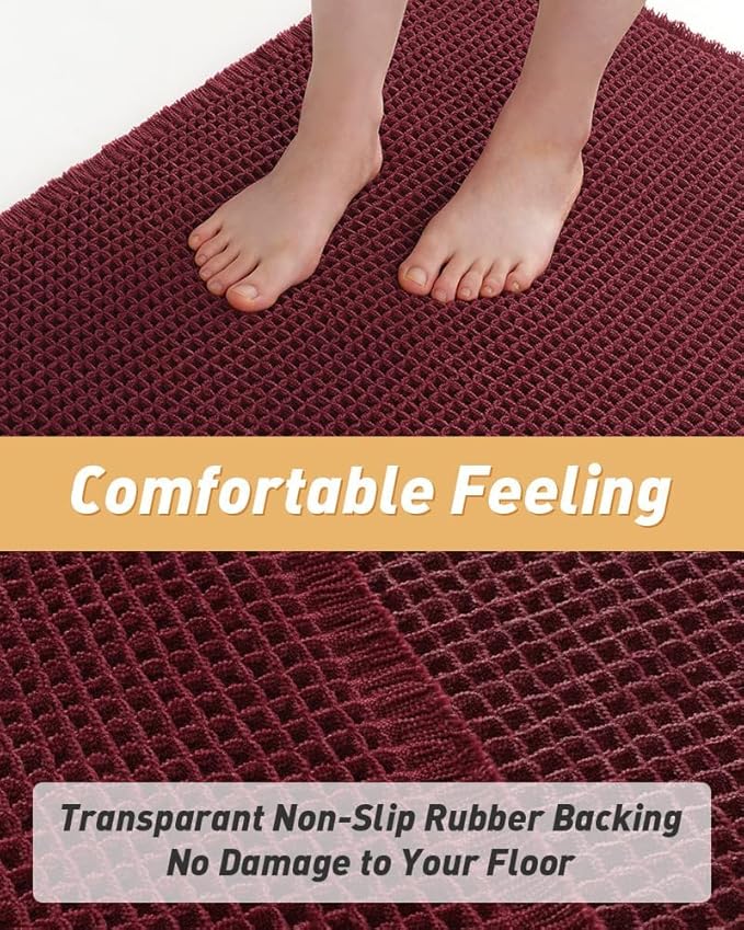 AMOAMI Upgraded Waffle Bath Mat, Super Absorbent Non Slip Bath Mats for Bathroom Floor, Washable Bathroom Rugs with Tassels, Rubber Backed Bathroom Mats, Ultra Soft, 17" x 24", Burgundy
