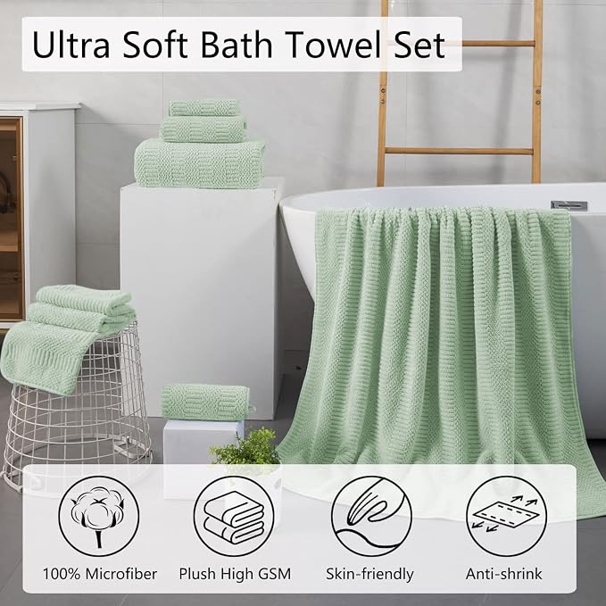 8 Pcs Green Oversized Bath Towel Set-2 Extra Large Bath Sheets,2 Hand Towels,4 Washcloths Soft Bathroom Towels Highly Absorbent Quick Dry Beach Chair Towels Woven Towels for Hotel and Spa