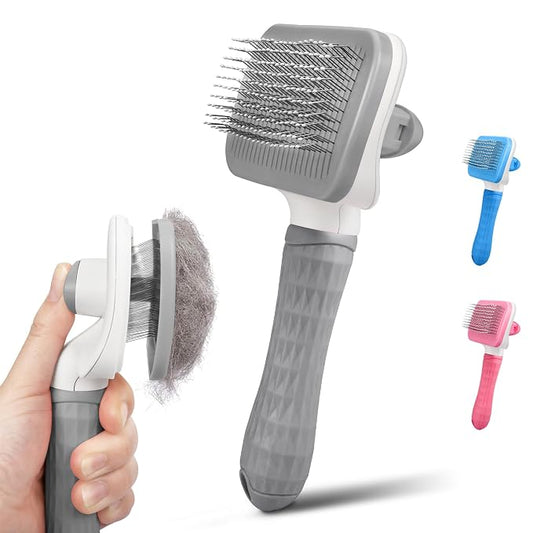 Dog & Cat Brush, Self Cleaning Slicker Brush for Pets, Upgraded Dog Brush for Shedding Massaging and Grooming, Removes Loose Undercoat & Portable Comb for Long Short Haired Dogs(Gray)
