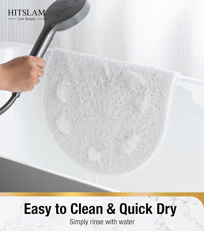 HITSLAM Oval Loofah Shower Mat Non Slip, 27x16 Inch, White | Bath Mat for Textured Tub & Inside Shower Stall, No Suction Cups Quick Drying PVC Porous Floor Mat, Soft Foot Exfoliating
