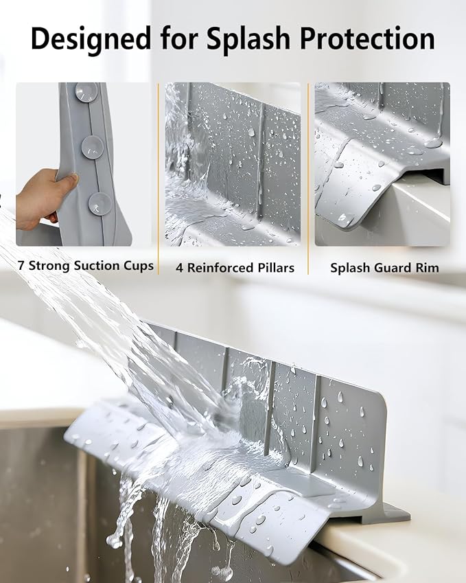 23 Inch Silicone Sink Splash Guard - Kitchen Sink Water Splash Guard with Strong Suction Cups, Removable Splash Guard for Sink, Washbasin & Bathtub - Gray