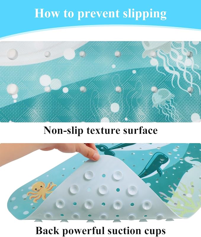 Secopad Bath Mat for Tub Non Slip, Machine Washable Anti-Slip Cartoon Baby Bathtub Shower Mat with Drain Holes and Suction Cups for Toddler & Kids, 40 Inch x 16 Inch, Whales