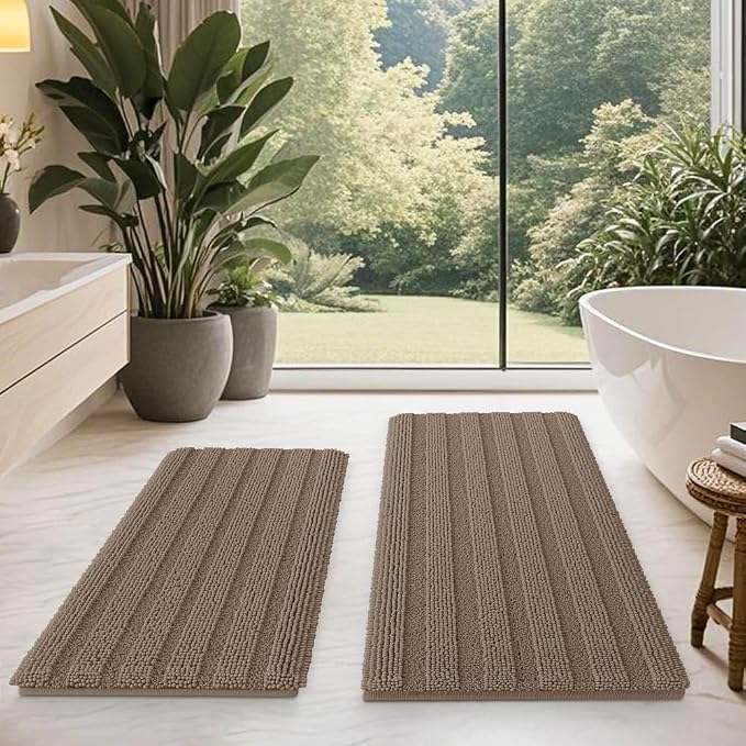 ACCUMTEK Striped Dark Beige Bathroom Rug Mat Set 2 piece 32"x20"+24"x17" Ultra Soft, Non Slip Chenille Bath Rugs, Absorbent Plush Shaggy Bath Mats for Bathroom, Bedroom, Kitchen, Shower, Tub,Taupe