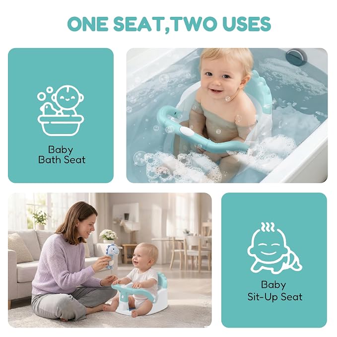 Baby Bath Seat for Babies 6 Months & Up Sitting Up | 360° Stable Toddler Bath Chair with One-Touch Button | Baby Bath Tub Seat with Suction Cups | Open Design, Compact, Detachable, Non-Slip(Green)