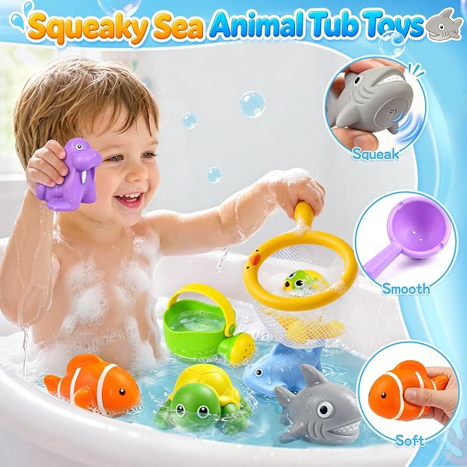 Baby Bath Toys, Toddler Tub Water Toys for Kids Pool Toys Floating Easy Clean Ocean Animal Bathtub Toys with Storage Bag,Watering Can, Bath Cups(10 PCS )