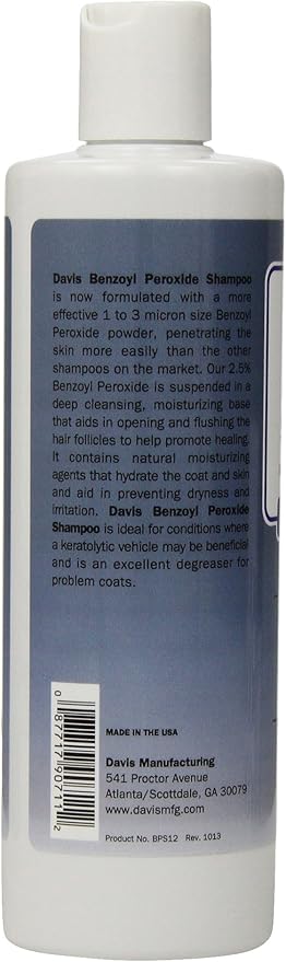 Davis Benzoyl Peroxide Medicated Dog & Cat Shampoo, 12 oz. – Dermatitis and Demodectic Mange, White (DM150 12)