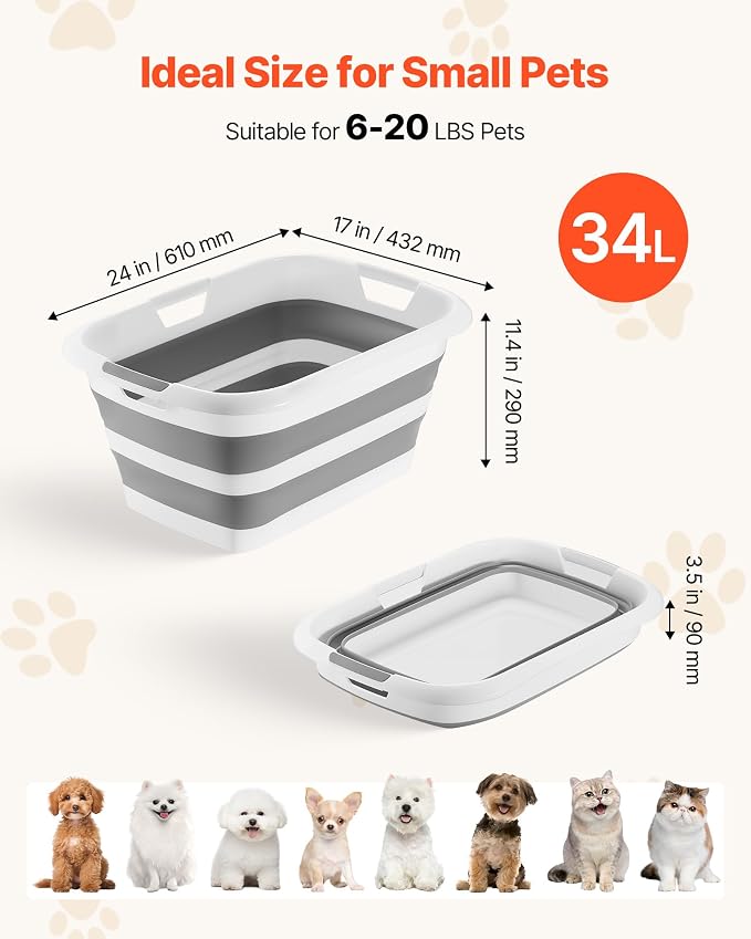 VEVOR Dog Bathtub, Collapsible Dog Bath Tub, Pet Bathing Grooming Wash Shower Station, Portable Space-Saving & Stable Support, for Small Pet Puppy Doggie Cat Outdoor, Gray White