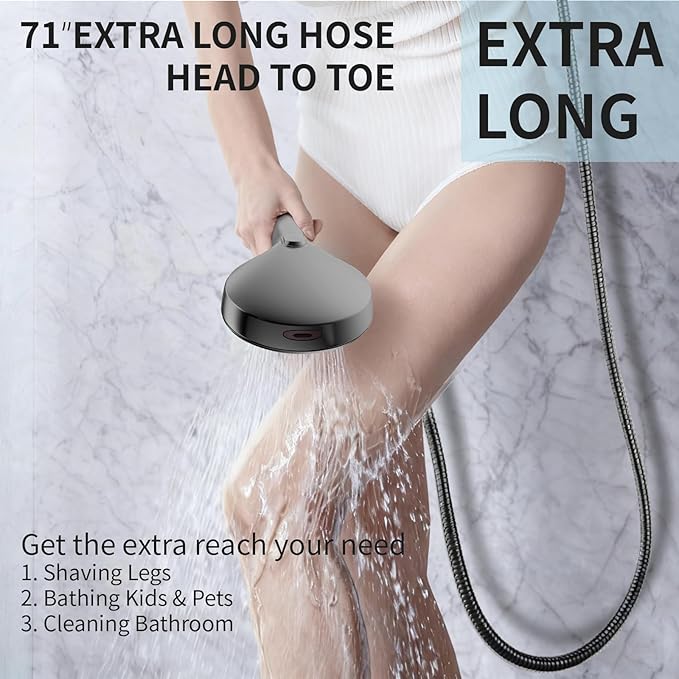 Matte Black Handheld Shower Head High Pressure with 9 Spray Settings & Power Wash Jet, 71" Extra Long Stainless Steel Hose, 360° Adjustable Dual Brackets for Low Water Pressure Home Bath