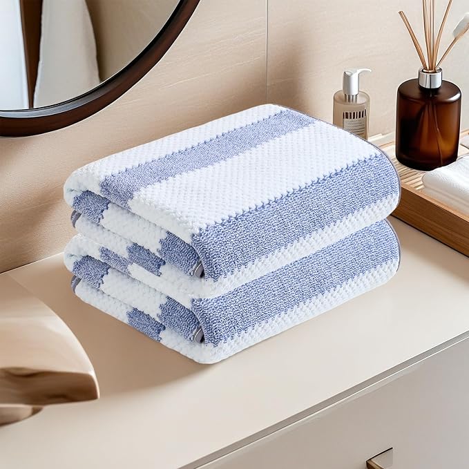 Microfiber Bath Towels Set of 2, 27 x 55 Inches Large Quick Dry Bath Towels, Super Absorbent Soft Striped Shower Towels, Lint Free Lightweight Towels for Bathroom, Travel, Spa, Beach