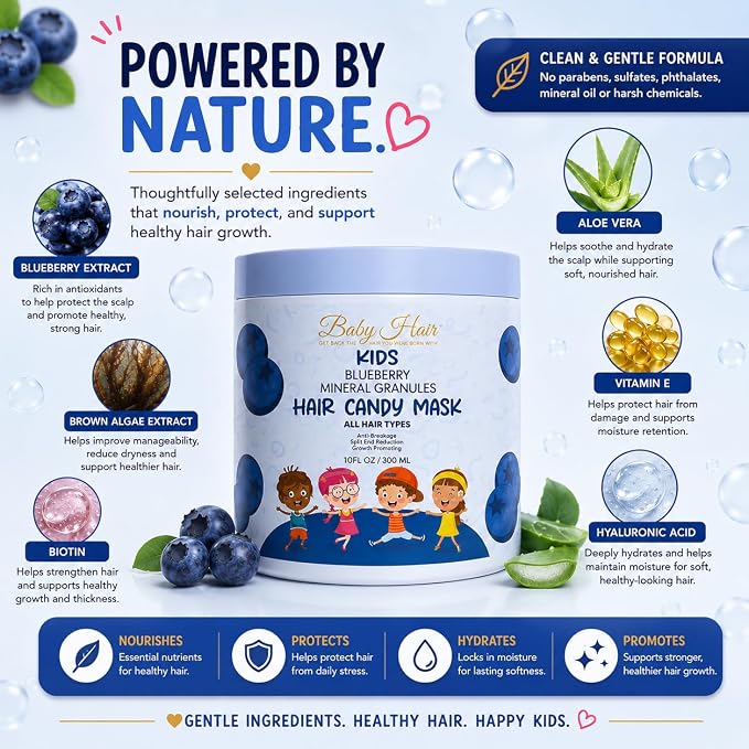 BABY HAIR Kids Blueberry Mineral Hair Candy Mask | Deep Conditioning Hair Mask for Kids | Moisturizes, Softens & Helps Detangle | Sulfate Free | 10 fl oz