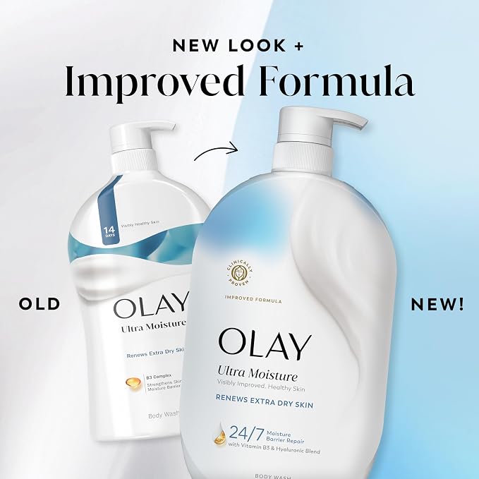 Olay Body Wash for Women, Ultra Moisture, Renews Extra Dry Skin, 24/7 Moisture Barrier Repair, Hydrating Formula for Visibly Healthy Soft Skin, Vitamin B3 & Hyaluronic Blend, All Skin Types, 35 fl oz
