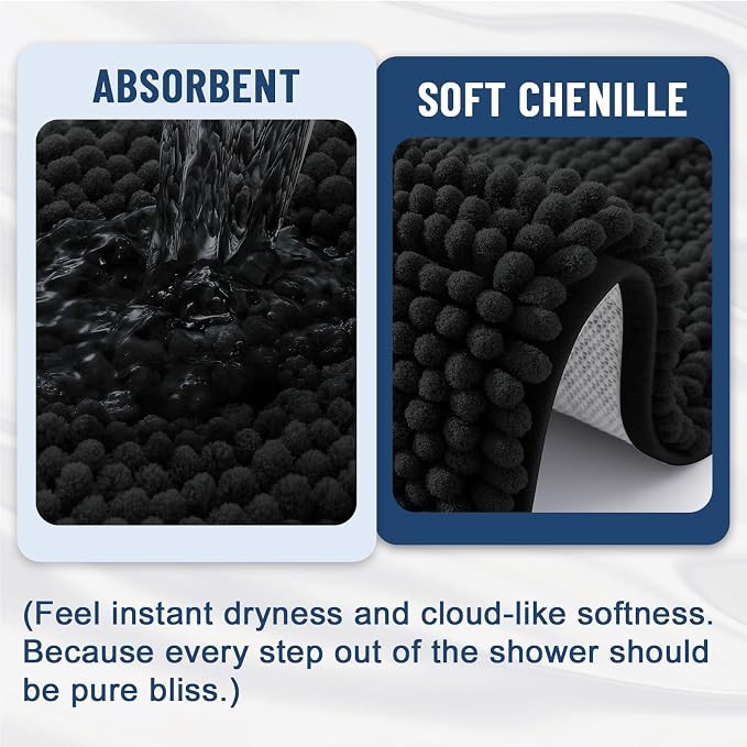 Grandaily Chenille Striped Bathroom Rugs 47x17, Extra Thick and Soft Absorbent Bath Mats, Rubber Backing, Plush Shaggy Shower Carpet, Machine Wash Dry, Bath Rug for Bathroom, Deep Black