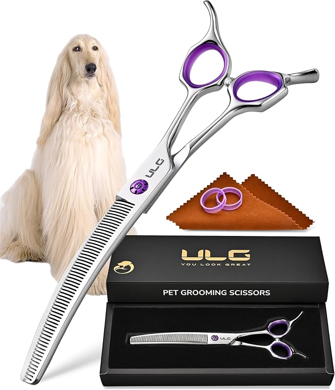 ULG 7.5” Dog Grooming Thinning Shears – 30° Curved Pet Thinning Scissors, Japanese 440C Stainless Steel, 60 V-Shaped Teeth, 25% Thinning Rate, Reversible Butterfly Handles, for Face, Nose, Eyes & Coat