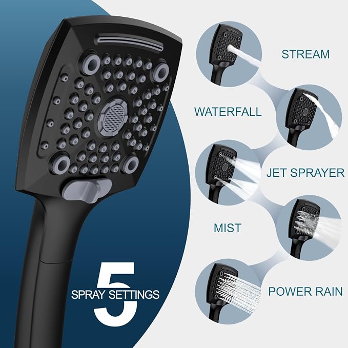 ELLO&ALLO High-Pressure Handheld Shower Head with 5 Spray Modes, 59-Inch Kink-Free Stainless Steel Hose & 360° Adjustable Bracket Perfect for Pet Bathing, Baby Care, Matte Black