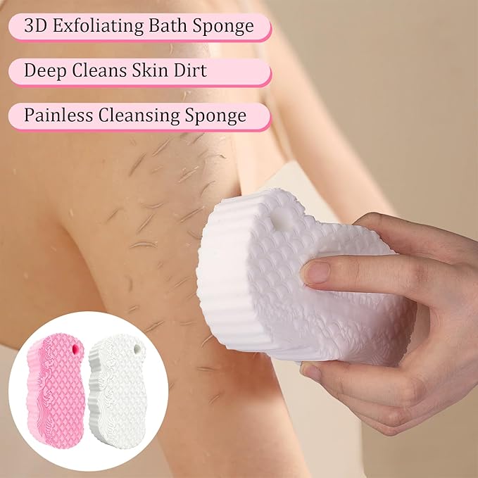 2Pcs Magic Exfoliating Bath Sponge, 3D Ultra-Soft Body Exfoliating Sponges, Deep Cleansing Dead Skin, Lanyard Bath Sponge for All Skin Types,Suitable for Both Men and Women (Pink+White)
