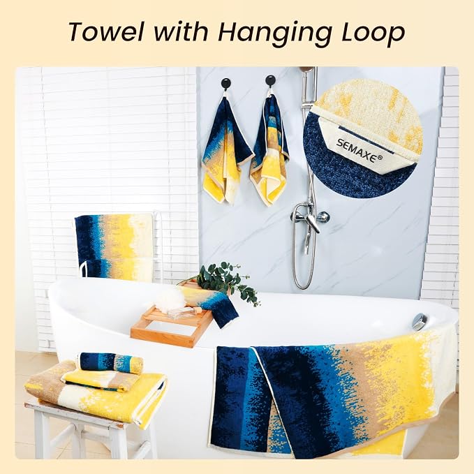 18-Piece Cotton Bath Towel Set for Bathroom, Hanging Loops, Coastal Ombre | Stock-up towel set for family bathrooms, guest baths, multi-bath homes, and wash-day rotation, OEKO-TEX certified, easy care