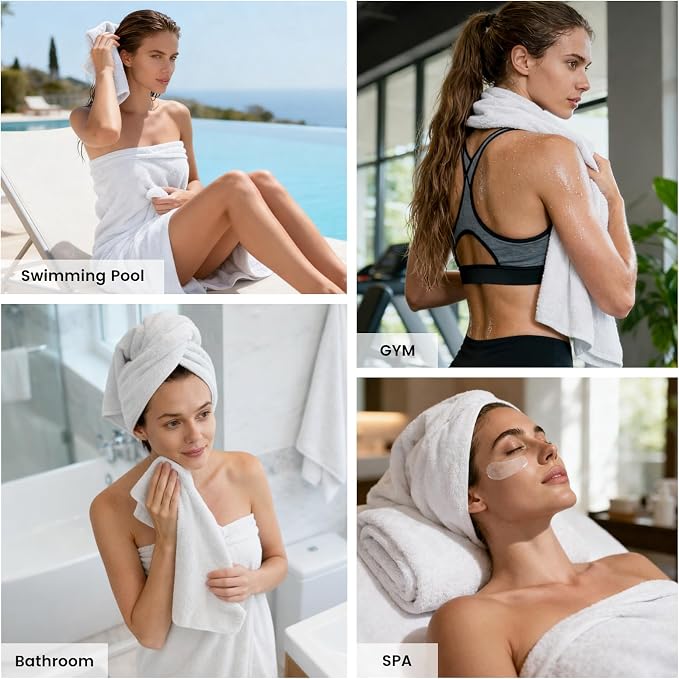 12-Piece Cotton Bath Towel Set with Hanging Loops for Bathroom, White | Balanced towel set for family showers, sink-side use, guest baths, and wash-day rotation, OEKO-TEX certified, easy care