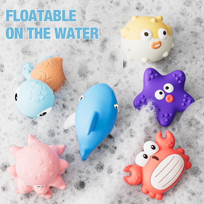 Bath Toys for Toddlers 6-12-18 Month, Bathtub Toys with 6 Baby Bath Animals, No-Hole Design Keeps Dry, Floating Toys Set for Baby 1 Year Old Boys & Girls (6 Pack)