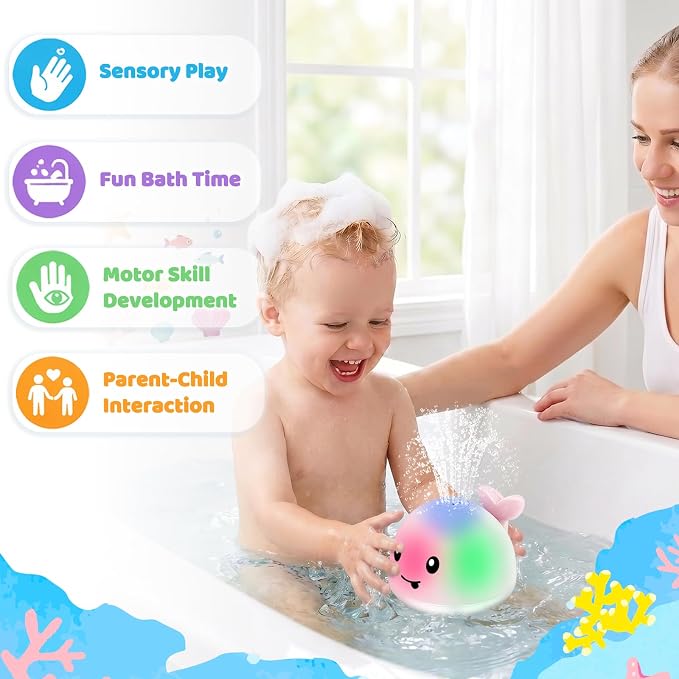 ANGGIKO Baby Boy Bath Toys, Pool Water Table Toy for Babies Boy Gifts, Toddler Bath Toys for Kids Ages, Light Up Whale Bath Toy Sprinkler Summer Bathtub Fountain Baby Toy