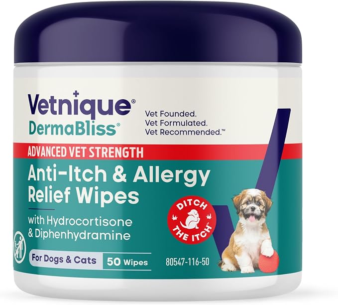 Vetnique Dermabliss 3-in-1 Anti Itch Wipes for Dogs & Cats, Allergy Relief | Hydrocortisone, Pramoxine & Antihistamine Wipes Calm Itching, Paw Licking & Odor for Dogs & Cats; Gentle No-Sting Relief