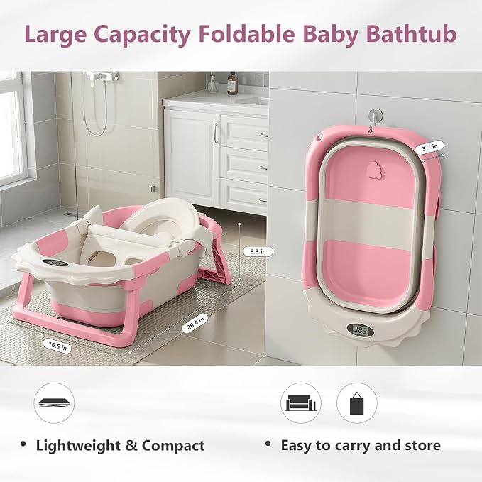 MoreFeel Foldable Baby Bathtub with Thermometer - 4-in-1 Grow-with-Me Collapsible Infant Tub (Newborn to Toddler) with Adjustable Mesh Sling - Space Saving Design