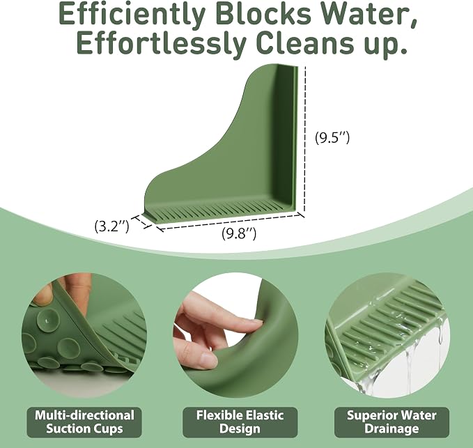 Roslim 2-Pack All-Silicone Shower Splash Guard, Bath Tub Corner Water Blocker with Strong Suction Cups, Reusable & No Sticky Adhesive, for a Secure Seal & Easy Removal, One-Piece Design, Olive Green