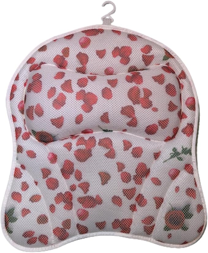 Luxury Bath Pillow for Tub. Air Mesh Fabric, Quick-Dry with Hanging Loop, Head & Neck Support, Gift-Boxed Rose-Petal Design for Women, Mom, Wife, Girlfriend (Red Rose Petals)