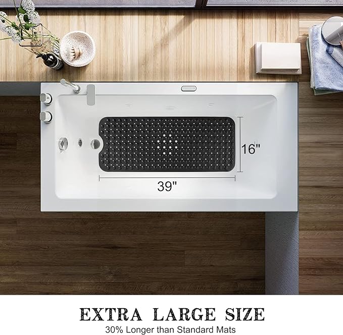 Bathtub and Shower Mats, Extra Long Non-Slip Bath Tub Mat 39 x 16 Inch, Machine Washable Bathmat with Suction Cups & Drain Holes for Bathroom Floor, Black