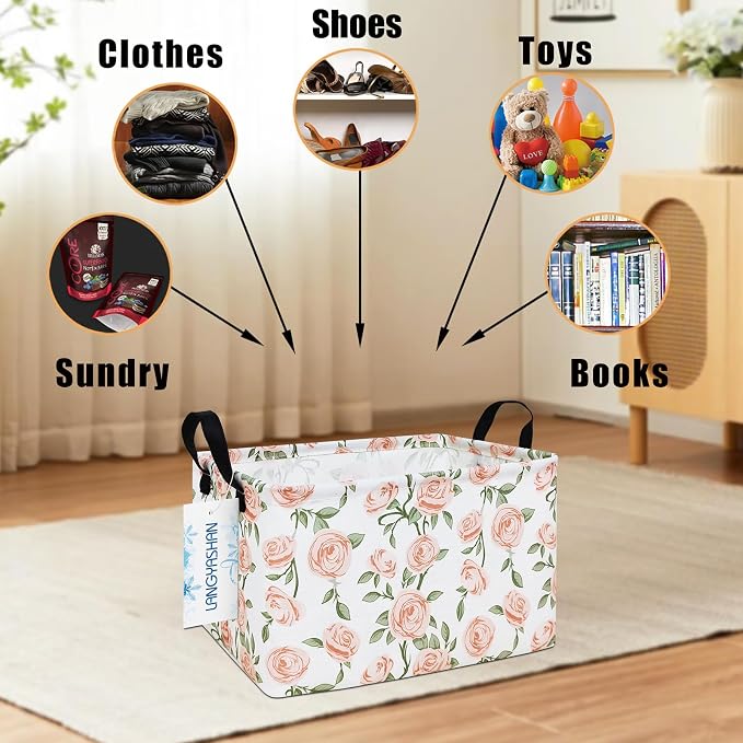 Rectangular Collapsible Champagne Rose Storage Basket Nursery Organizer | Storage Bin Foldable Canvas with Handles for Organizing Home Kitchen Children Toys Office Closet Shelf Baskets
