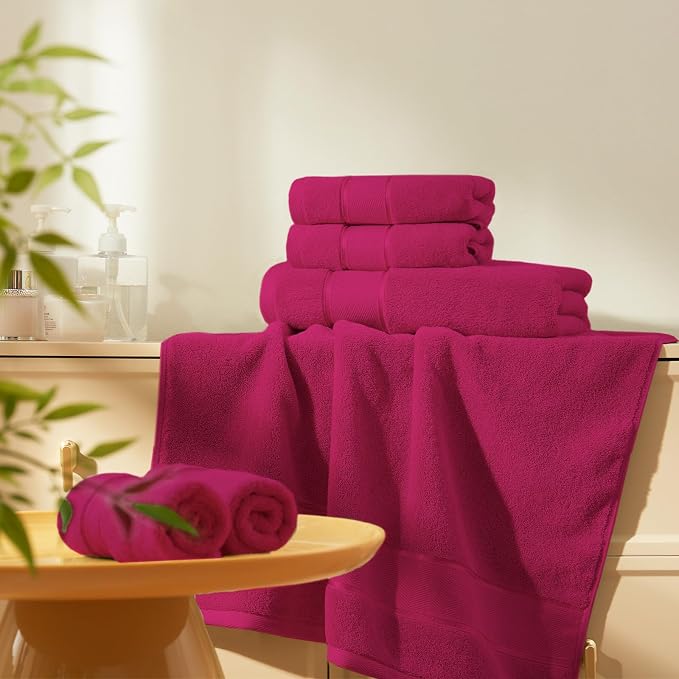 Marvione Bath Towels Set 6 Piece, 100% Turkish Cotton Highly Absorbent and Soft Towels for Bathroom 2 Bath Towels 2 Hand Towels 2 Washcloths, Hot Pink