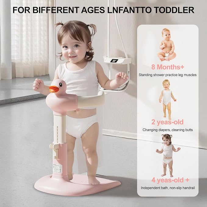 Adjustable Baby Shower Stand, Height (18.5-22.8 Inch) & Width (7.8-13.7 Inch) Adjustable with Anti-Slip Base - Frog Design ABS Bath Rack for Infants 8-24 Months (Supports 40KG) E
