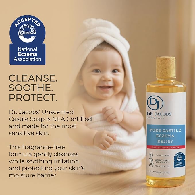 Dr. Jacobs Pure Castile Baby Wash - Effective Body Wash to Relieve Baby Eczema - Gentle Shampoo and Unscented Soap for Sensitive Skin, and Hypoallergenic - 16 oz
