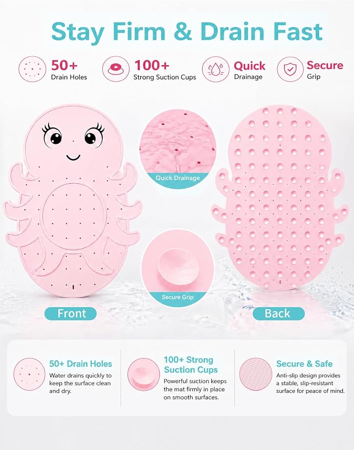 Kids Bathtub Mat Non Slip, Soft Silicone Octopus Baby Bath Mat for Tub, Toddler Bath Mat with Large Suction Cups, Washable Anti Slip Shower Mat for Children, Smooth Tub Surface Only