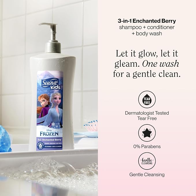 Suave Kids 3 in 1 Enchanted Berry Shampoo, Conditioner, & Body Wash,Dermatologist Tested and Tear-free 28 Oz, (Pack of 4) Packaging may vary