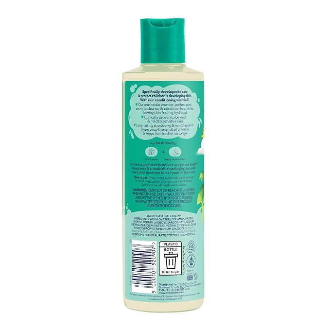 Childs Farm, Kids 3 in 1 Swim, Strawberry and Organic Mint, Body Wash, Shampoo and Conditioner, Suitable for Dry, Sensitive and Eczema-Prone Skin, 8.4 Fl Oz