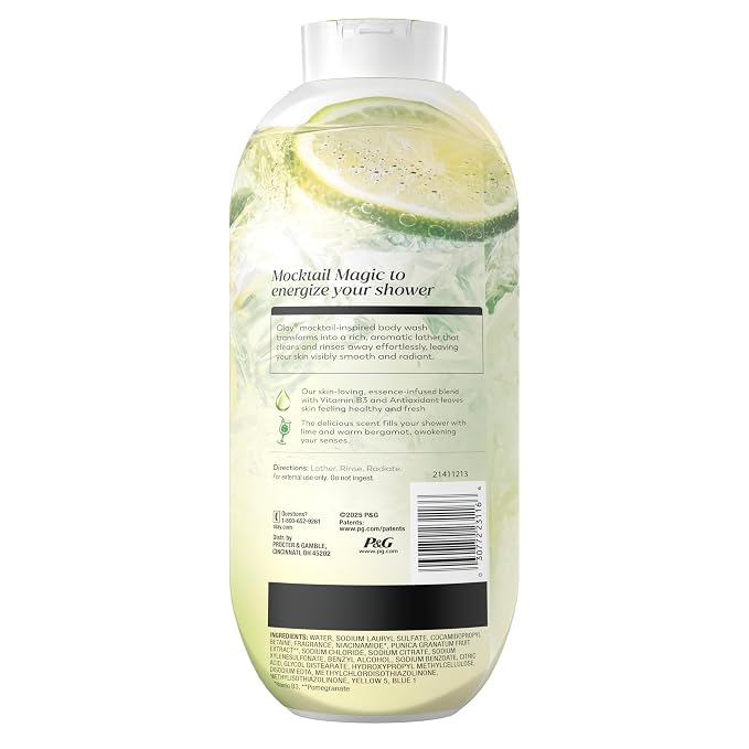 Olay Body Wash for Women, 24/7 Skin-Loving Freshness, Miami Mocktails, Plant Based Cleansers, Vitamin B3 & Antioxidant Blend, For All Skin Types, Lime It Up with Bergamot Scent, 22 fl oz