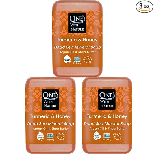 One With Nature Dead Sea Salt Turmeric Soap 7oz 3-Pack – Purifying and Exfoliating Soap Bar with Dead Sea Minerals and Honey for Face & Body, for Men & Women