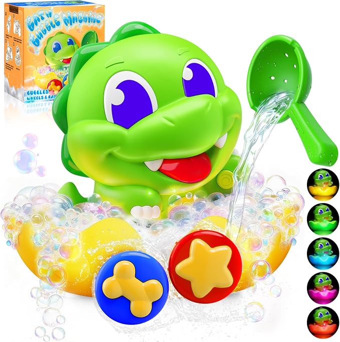 Dinosaur Baby Bath Toys for 1 2 3 Year Old Boys, Dino Bath Bubble Machine with Rainbow Lights & Water Scoop,Fun Toddler Toys Baby Shower Bathtub Toys Birthday Gifts for Kids Age 1-3 Year Old
