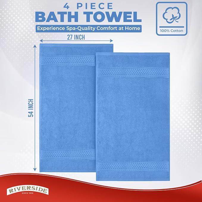 RIVERSIDE 100% Ring Spun Cotton Large Bath Towels Set of 4, 27 x 54 Inches – Quick Dry, Soft & Highly Absorbent Towels for Shower & Bathroom – Luxury 600 GSM Towels for Home, Spa, Gym, Electric Blue