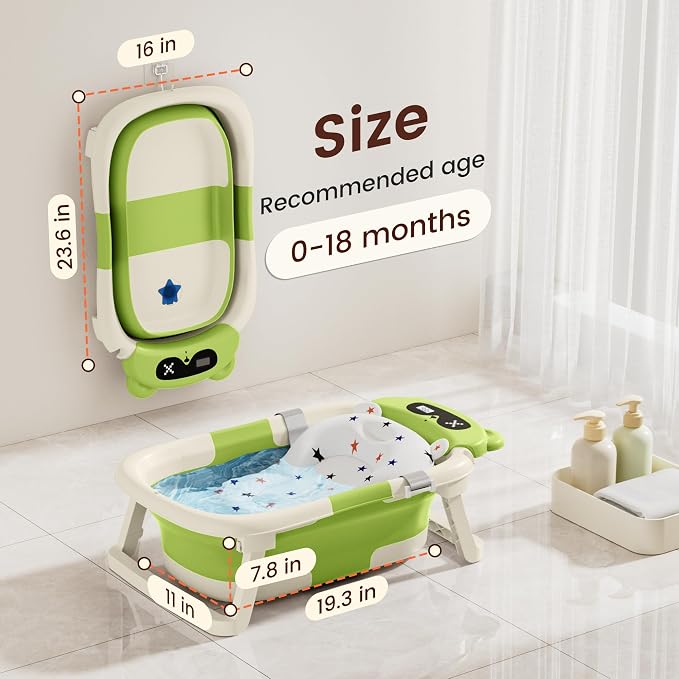 Baby Bathtub,Foldable Baby Bath Tub for Newborn to Toddler (0-18 Months) – Collapsible Infant Tub for Travel with Thermometer, Soft Cushion,Green