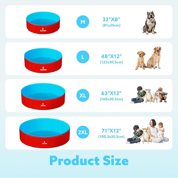SLOOSH Foldable Dog Kiddie Pool - Portable Hard Plastic Doggie Swimming Pool, Anti-Slip Collapsible Pets Bath Tub Suitable for Kids Indoor Outdoor Backyard Use (Red, 48" x 12")