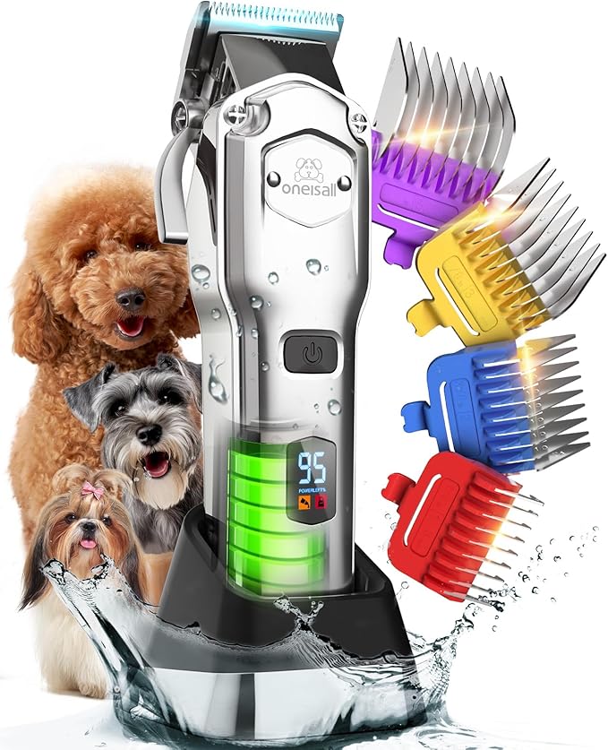 oneisall Professional Dog Grooming Clippers for Thick Hair | 4 Metal Combs,Stainless Steel Blades,Rechargeable Cordless,Low Noise,4H Runtime,IPX7 Waterproof,LED Display,676PRO