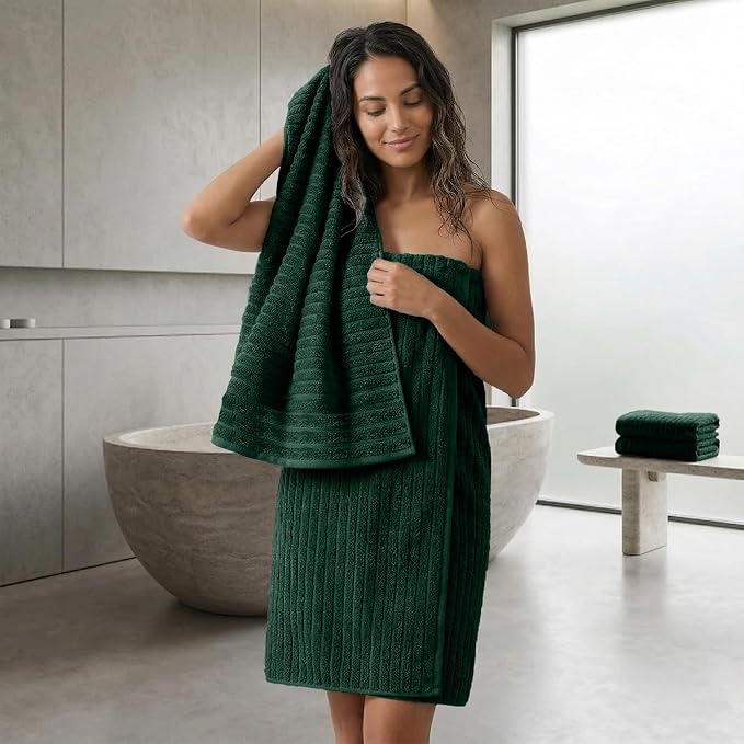 RIVERSIDE Pack of 2 Extra Large Bath Sheet Towels, 35 x 70 Inches, 600 GSM, Ribbed Stripe, 100% Cotton - Super Soft, Highly Absorbent & Quick Dry for Bathroom, Spa & Hotel, Hunter Green
