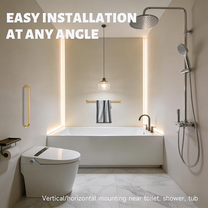36 Inch Shower Grab Bar 1.25" Dia, Gold Anti Slip Bathroom Grab Bar, 304 Stainless Steel Knurled Handicap Grab Bars, Safety Support Handrail, Assist Bath Shower Handle for Elderly Injury Senior
