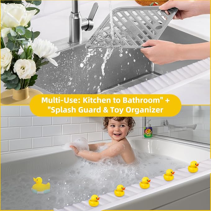 Kitchen Sink Splash Guard with Suction Cups, Kitchen Sink Mat, Non-Slip Silicone Sink Edge Protector, Water Splash Guard for Kitchen, Bathroom, Bathtub (Transparent, 4*20 in)