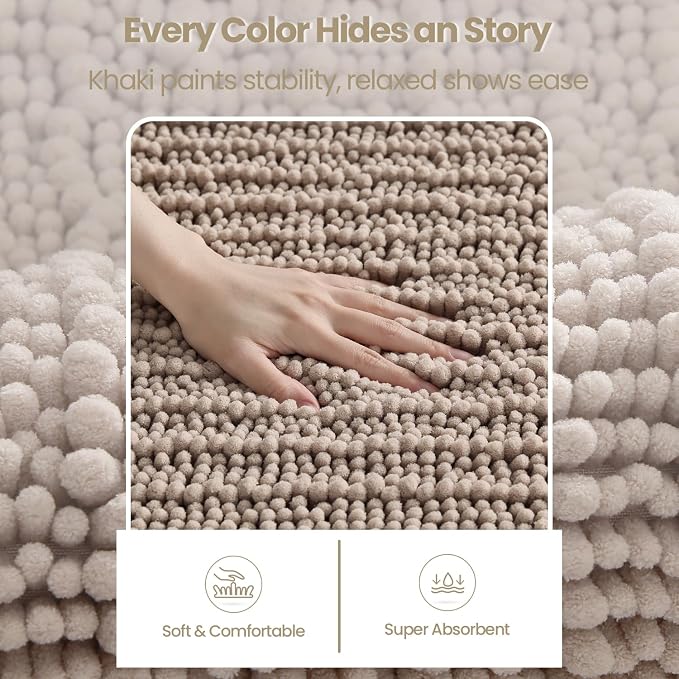 DEXI Bathroom Rugs 60x24, Super Soft Thick Chenille Absorbent Bath Mat, Non Slip Machine Washable Fluffy Shag Bathmat for Tub, Shower Floor, Dark Beige