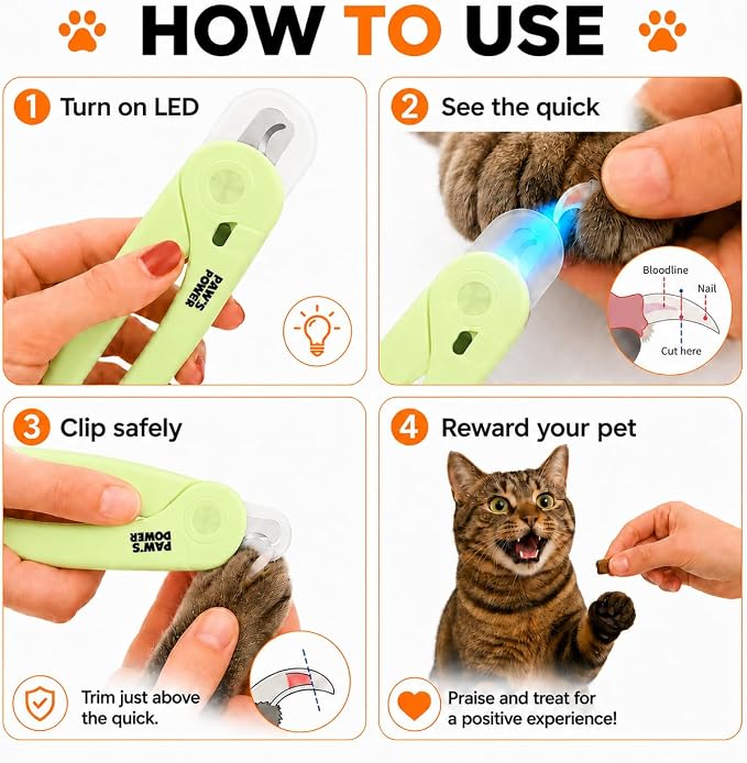 Cat Nail Clipper & Small Dog Nail Clippers with LED Light - Illuminates Nails & Bloodline for Safe, Easy Trimming - Extra Sharp, Avoid Over-Cutting - Essential Cat Supplies, Green