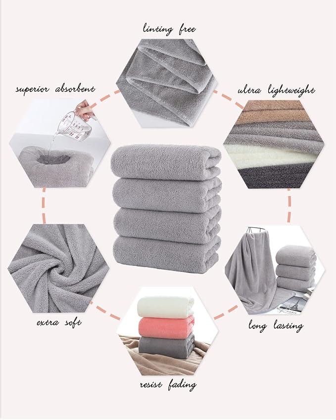 Lumimi Towels 4 Piece Soft Microfiber Bath Towel Set Salon Gym Yoga Travel Incredibly Absorbent Lightweight Quick Dry and Durable, 55" L x 27" W, 4 Pack Light Grey