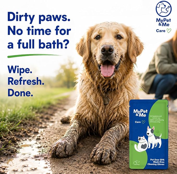 My Pet & Me Pet Glove Wipes for Dogs & Cats with Olive & Jojoba Oil, No-Rinse Five-Finger Cleaning Gloves, Individually Wrapped Grooming Mittens for Between Baths, Paws, Face & Body, 6 Count